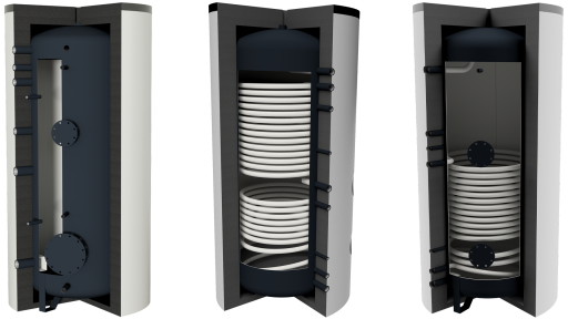3D-Schnittdarstellungen von Pufferspeicher, Kombispeicher und Trinkwasserspeicher mit Wärmetauschern